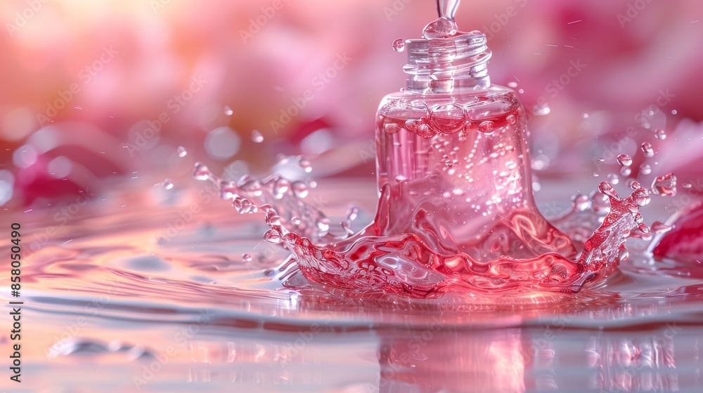 Poster this image features a bottle filled with pink liquid gracefully splashing into shallow water, illust
