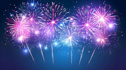 Fireworks festive banner with space for text. Realistic fireworks explosions and brightly shining sparks. Pyrotechnics show vector illustration. Colorful light performance at deep blue background