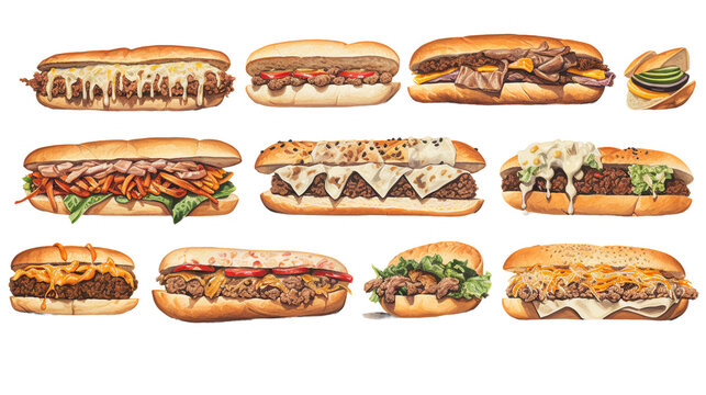 Authentic Philly Cheesesteak Sandwich on Transparent Background - Savory American Fast Food with Grilled Steak, Melted Cheese, Onions, and Peppers Perfect for Restaurant Menus and Food Blogs
