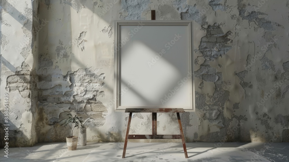 Poster a white canvas on an easel sits in a rustic studio, bathed in the warm light of the sun streaming th