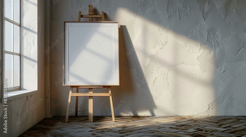 Poster a wooden easel with an empty canvas stands in a room with natural light streaming through a window