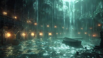 The beginning of the great flood, with torrential rain pouring down and rising waters surrounding the Ark as it begins to float.