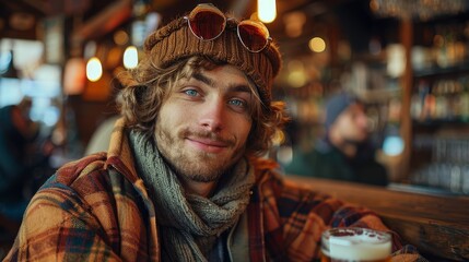 Obraz premium A young man with curly hair, wearing casual flannel and scarf, smiles while sitting in a cozy cafe with a relaxed ambiance, holding a beverage.