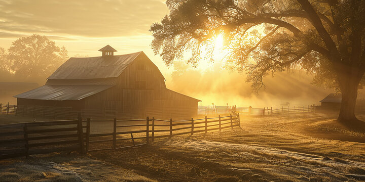 Beautiful rustic barnyard at sunrise: A brilliant golden sunrise illuminates the rustic wooden barns and casts long shadows into the mist.
