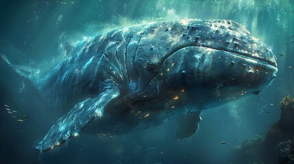 Fototapeta premium The great fish swimming through the depths of the ocean, with Jonah visible through a translucent part of its body, illuminated by bioluminescent creatures.