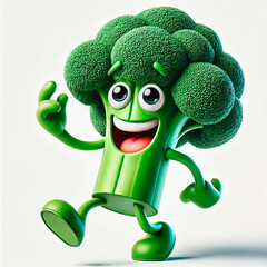 Happy cartoon broccoli character with a big smile and cheerful expression