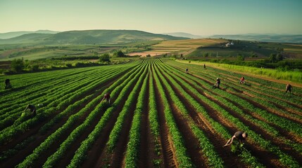Fototapeta premium Workers tend the vast green fields under the soft glow of the morning sun, with distant hills framing the tranquil scene