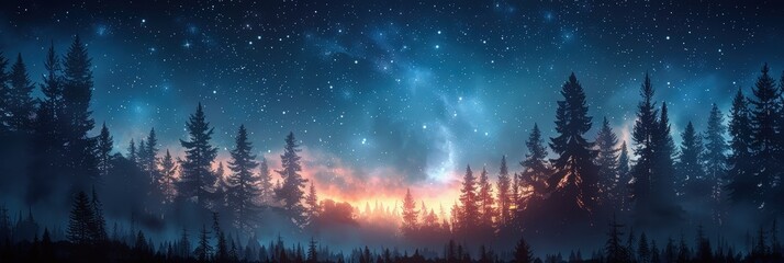 Fototapeta premium Starry Night Above Silhouetted Forest
