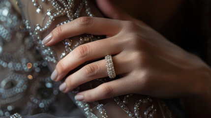 A diamond ring on the hand of a lady in an elegant evening dress