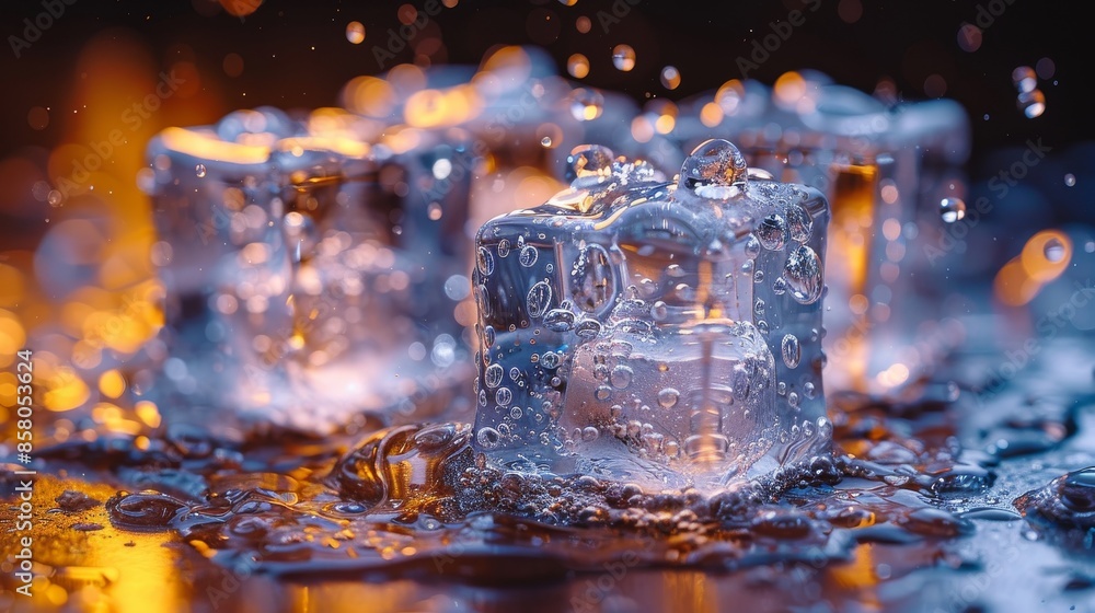 Poster a detailed view of several melting ice cubes with water droplets, emphasizing the textures and refle