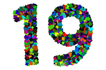 Colorful number 19 for math concept