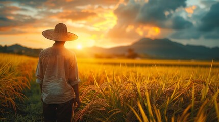 Fototapeta premium A farmer stands in a golden wheat field at sunset, gazing at the horizon, with mountains in the background and clouds scattered in the sky, capturing a serene rural moment.