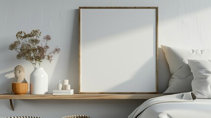 A large, empty canvas with a wooden frame hangs above a minimalist bedroom shelf