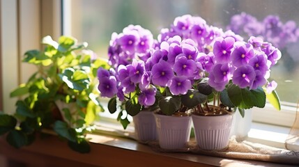 African violets in basket on sunny ledge.
