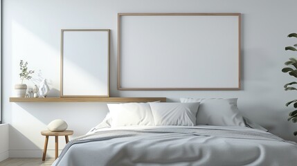 A modern bedroom with a white bed, plush pillows, and gray blanket. Blank picture frames, wooden stool, and potted plant add elegance and minimalism