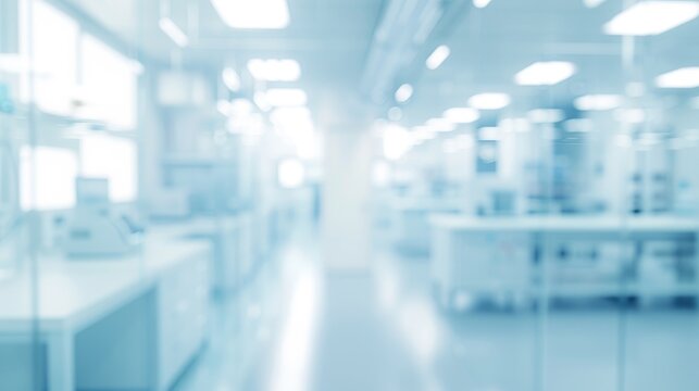Blurred modern laboratory room with scientific background in white and light blue tones