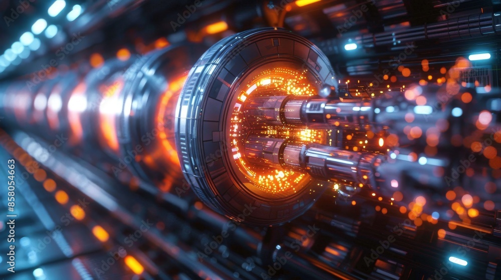 Poster a detailed view of a futuristic mechanical component with glowing lights, representing advanced tech