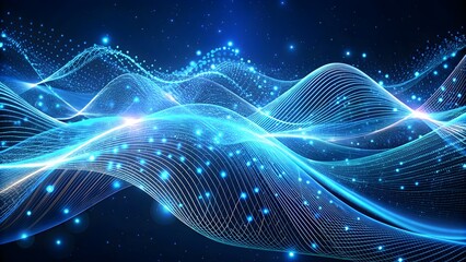 Abstract blue tech background with digital waves, dynamic network system, artificial neural connections, cyber quantum computing and electronic global intelligence