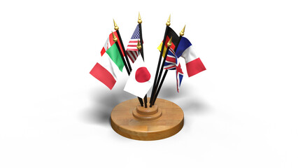 drapeaux du G7 en cercle sur un petit socle en bois - isolé sur fond transparent