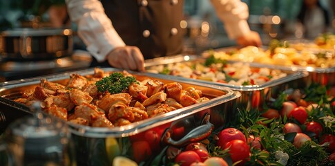 Indoor Catering Buffet: Group of People Enjoying Grilled Meat in Restaurant. Buffet Service for Festive Events, Parties, or Wedding Receptions.