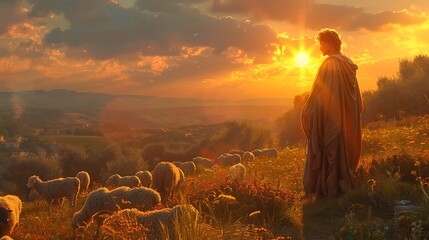 Fototapeta premium Young David as a shepherd, tending to his flock with a serene landscape of rolling hills and a setting sun, capturing his humble beginnings.