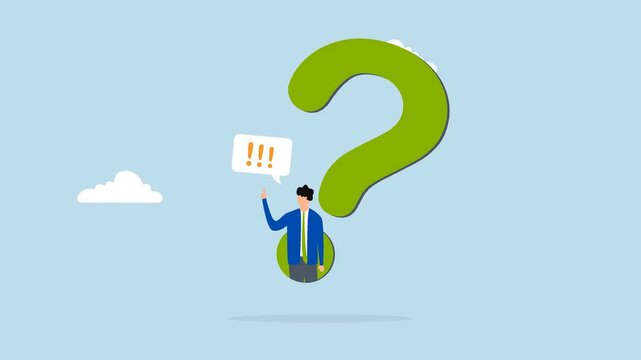 Answer business question, 4k animation of determination businessman comes out of  question mark to answer question.