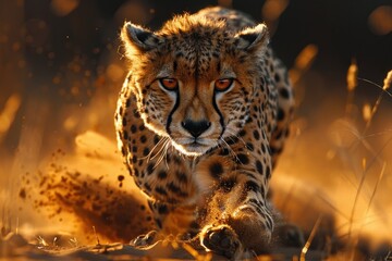 Cheetah at full speed surrounded sand particle