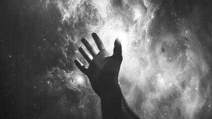 Celestial hand silhouette reaching towards light
