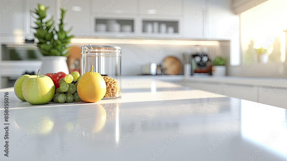 Poster clean white countertop with a soft-focus background of a well-organized kitchen, creating a neat and