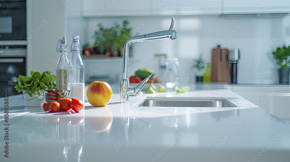 Poster clean white countertop with a soft-focus background of a well-organized kitchen, creating a neat and