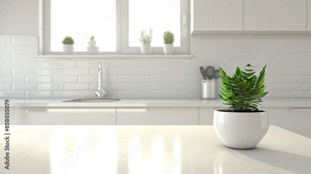 Poster clean white countertop with a soft-focus background of a well-organized kitchen, creating a neat and