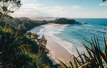 Beach Sea Ocean Coast at Summer with Golden Sand. In the style of Byron Bay, Australia (generated)