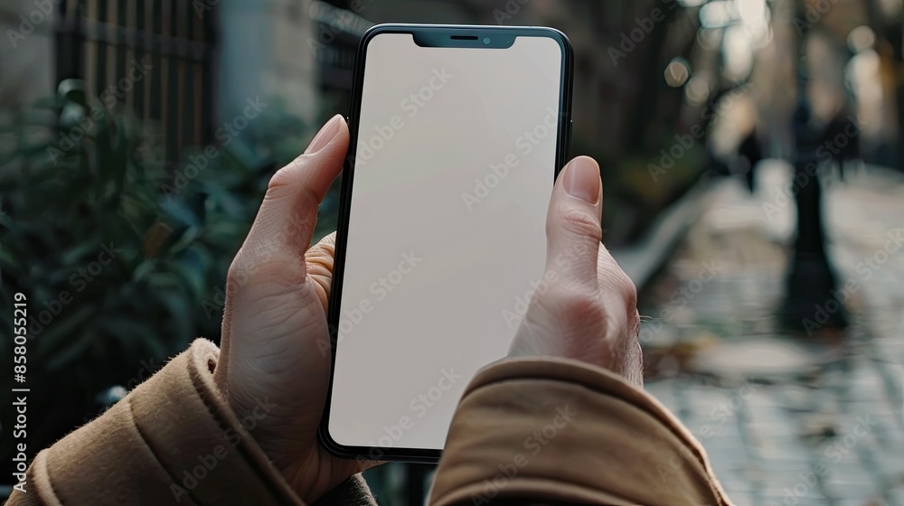 Poster close-up of hands displaying a blank touchscreen smartphone