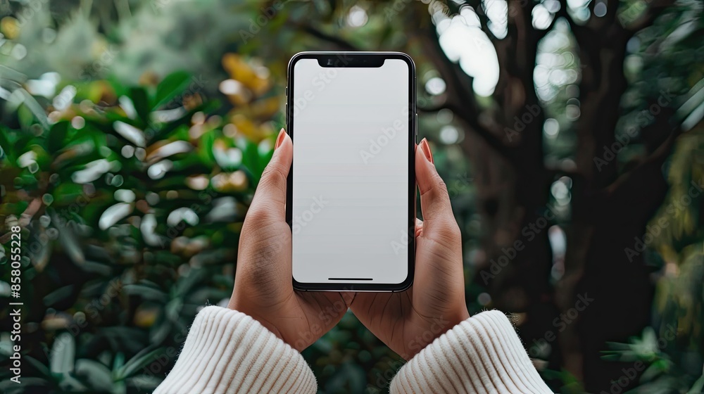 Poster close-up of hands displaying a blank touchscreen smartphone