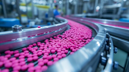 In a cutting-edge pharmaceutical plant, bright pink tablets smoothly traverse an advanced conveyor system, highlighting the fusion of technology and precision in modern medicine manufacturing
