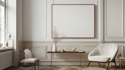 A modern, minimalist living room interior with white walls, a large empty frame, and a comfortable armchair