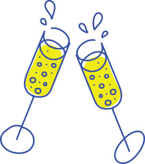 Creative minimal design. Cheers. Two champagne flutes with champagne clinking isolated on white background. Concept of drink, party, celebration, alcohol. Line art. Vector illustration.