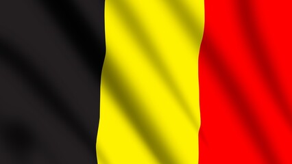 Wavy and flown national flag of the Kingdom of Belgium. Tricolor black, yellow, red vertical stripes flag.