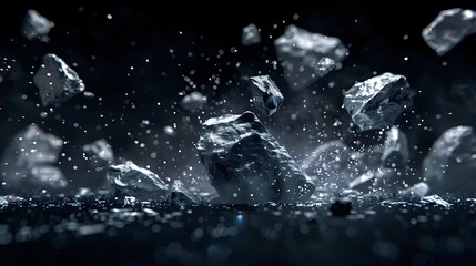 Dynamic Debris: Dark Background with Flying Pieces Lit by Bright Light