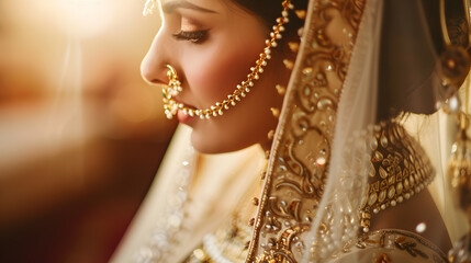 A young female of Indian ethnicity is wearing traditional bridal costumes and jewellery. Indian wedding 
