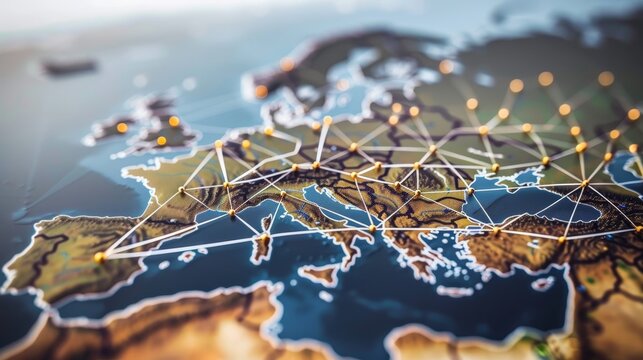 Digital map of western europe  eu network, cyber tech, business exchange, telecommunication
