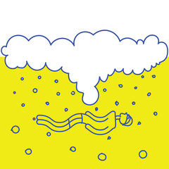 Creative minimal design. Drawn person swimming inside bubbles foamy beer isolated on white background. Concept of drink, party, celebration, alcohol. Line art. Vector illustration.