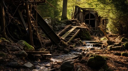 Fototapeta premium Decaying sawmill with weathered timber, silent and neglected