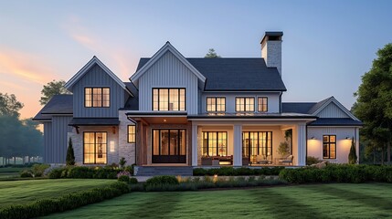 This elegant residence under a gentle dusk sky exudes a tranquil allure, surrounded by meticulously landscaped gardens