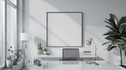 A clean and modern office with a white desk, large window, black framed artwork, and a plant