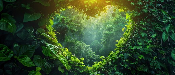 A natural heartshaped opening in the lush green canopy of a forest, with sunlight streaming through, symbolizing love for the environment