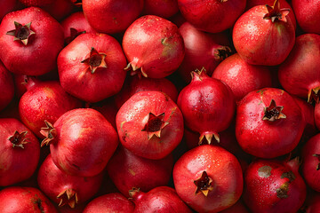 A vibrant and fresh display of ripe red pomegranates, showcasing the natural beauty and rich color of this delicious fruit.