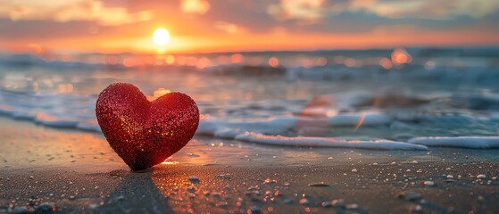 Fototapeta premium A Red glittering heart on a sandy beach with the waves and the sunrise in the backdrop