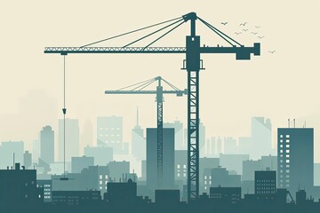 Obraz premium Illustration of a modern construction crane, hoisting, towering and efficient amidst bustling cityscape, modern urban construction