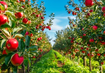 Apple orchard in autumn green grass, beautiful scenery, green nature